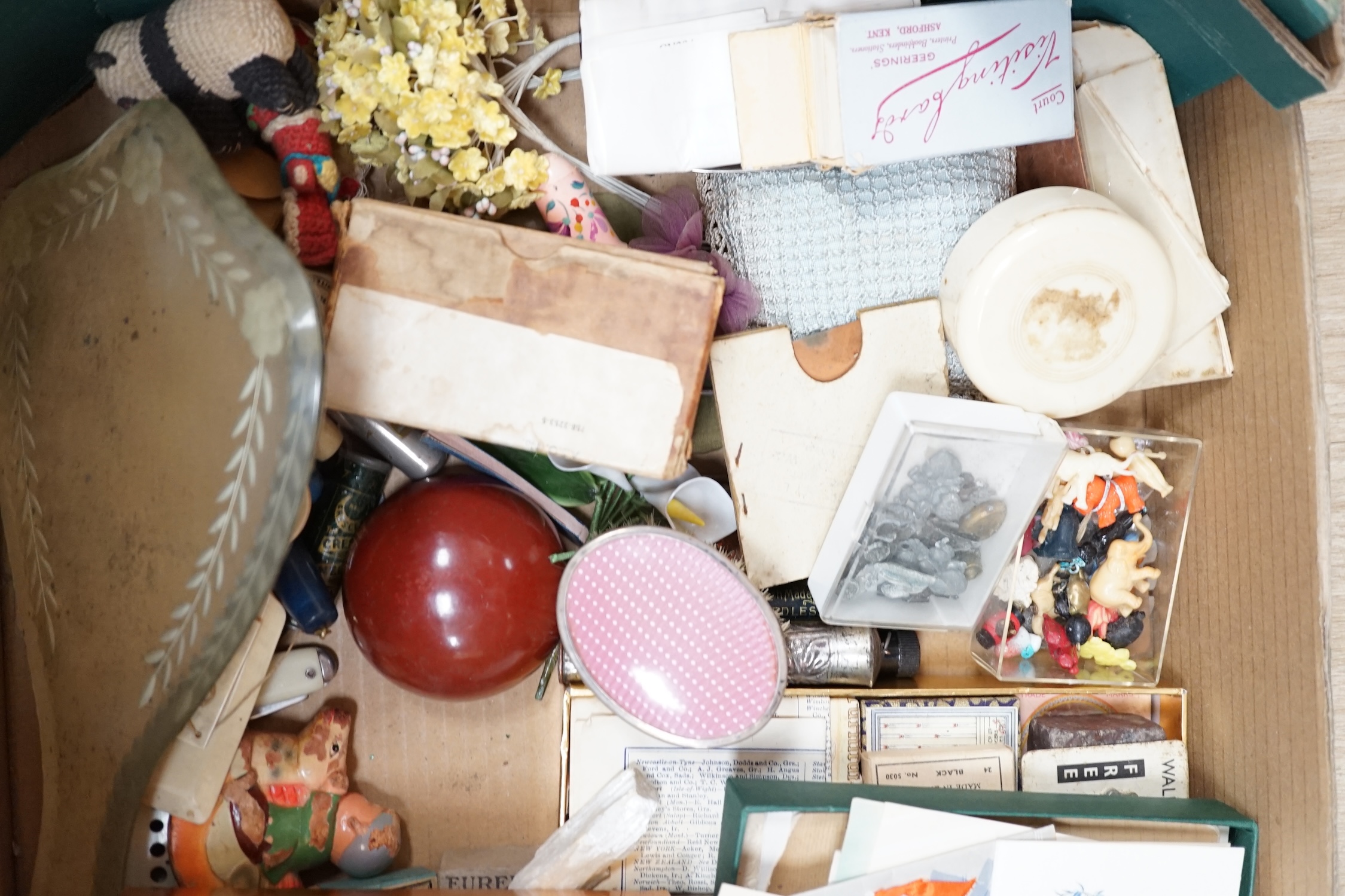A collection of old advertising rouge boxes, button boxes, mixed sewing cases, cards and a mid 20th century autograph album. Condition - varies